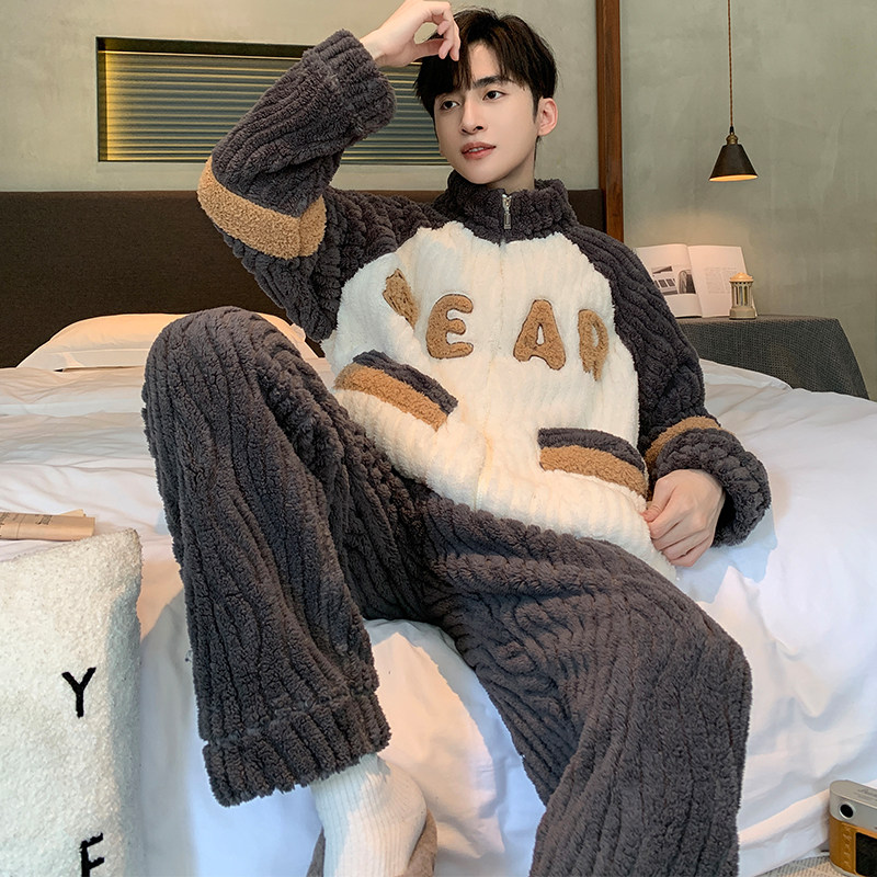 全面纯棉睡衣男珊瑚绒秋冬季加绒睡衣/家居服套装