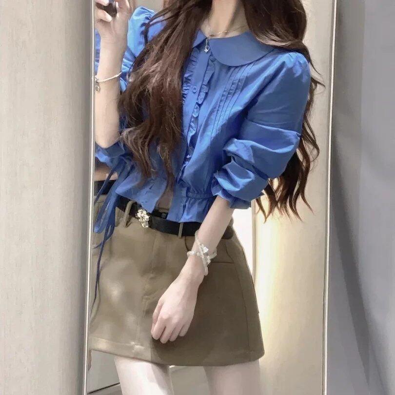 韩系收腰通勤短款纯色衬衫女修身娃娃领中袖衬衣上衣短裙套装