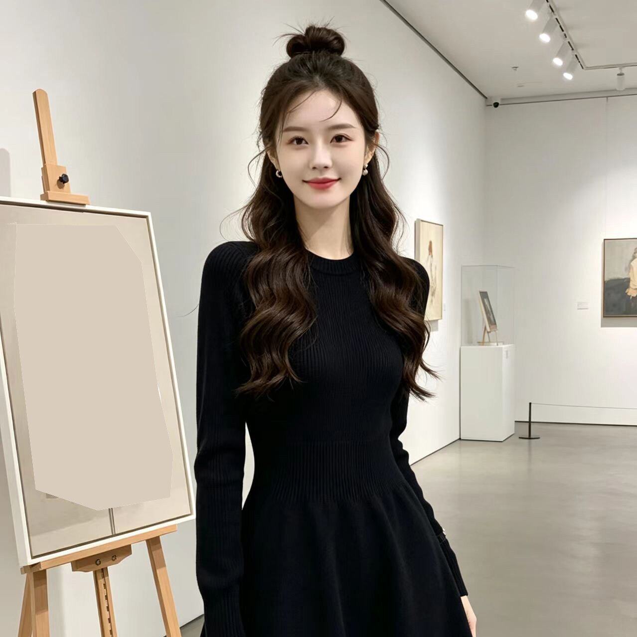 赫本风超好看针织毛衣连衣裙女秋冬小个子大衣内搭打底A字小黑裙