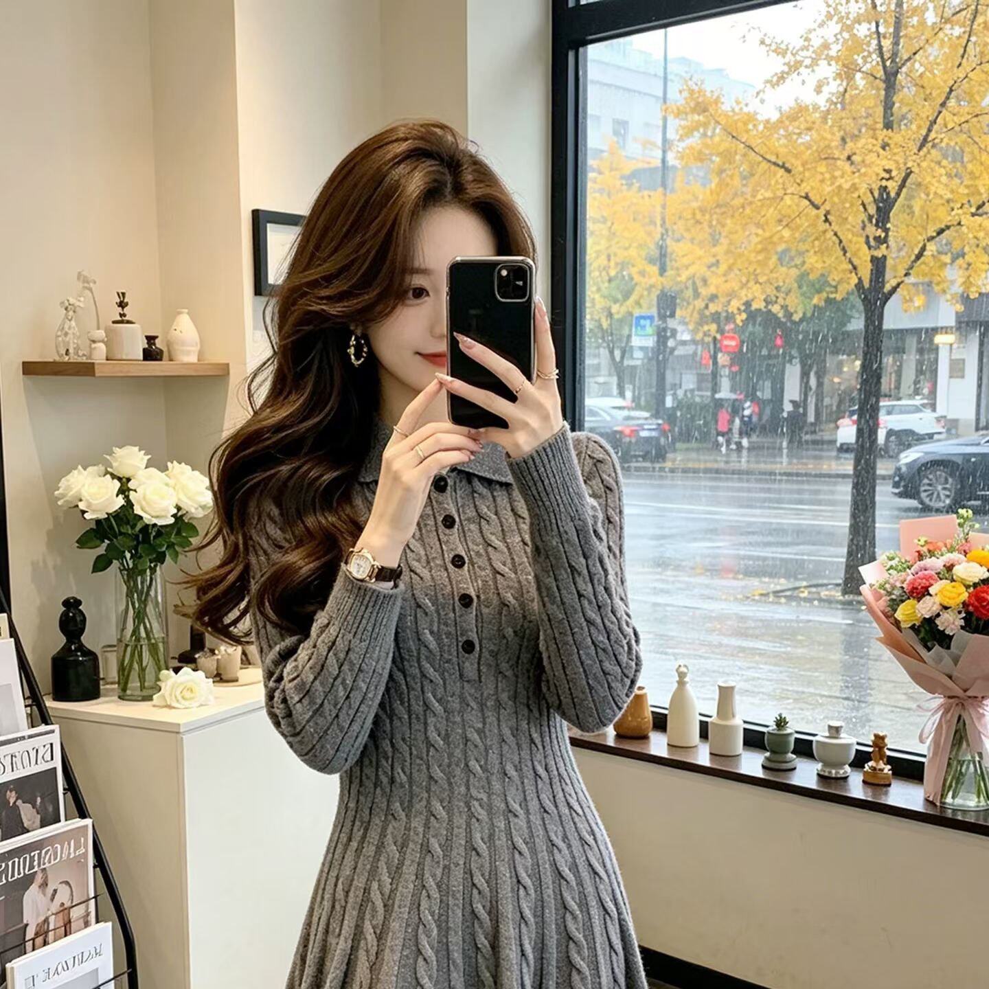 法式POLO领灰色麻花绝美针织连衣裙女秋冬小个子收腰打底A字短裙