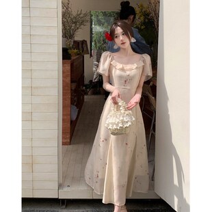 速发大码国风禅意连衣裙柔温夏裙子风季法式清冷感露肩碎花长裙