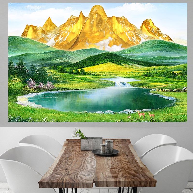 速发新中式聚宝办山水风景贴画靠山图金山镇宅客厅装饰招公室盆财