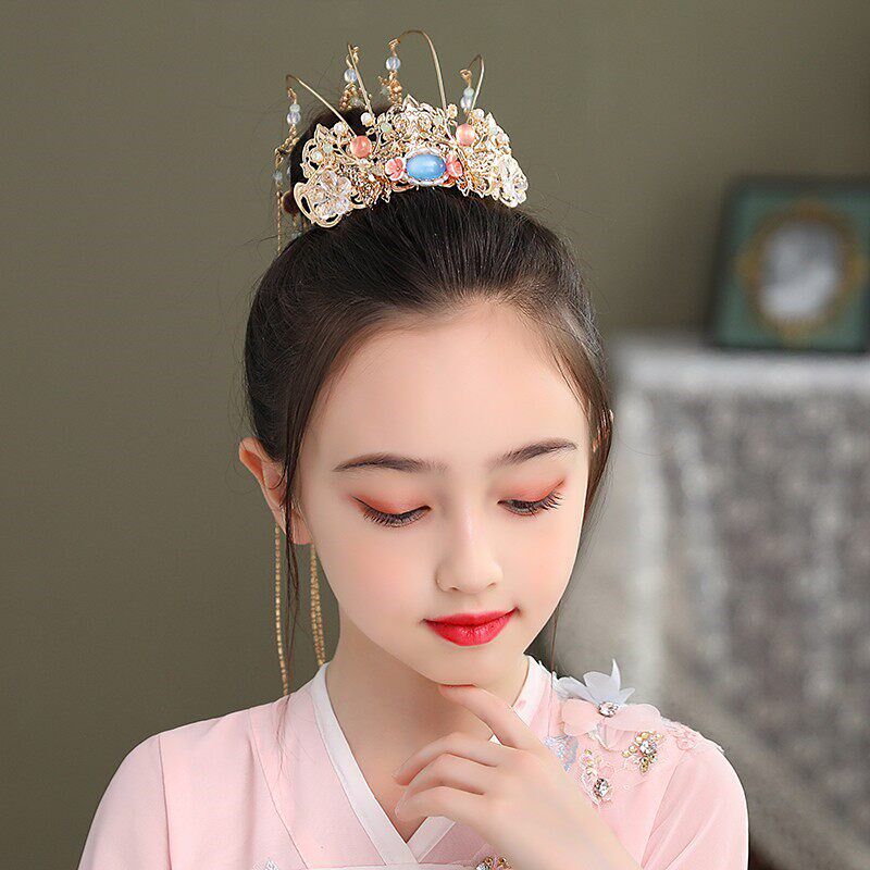 速发古风汉服马面裙头饰流苏发冠童古装流苏发饰演出发夹小孩步摇