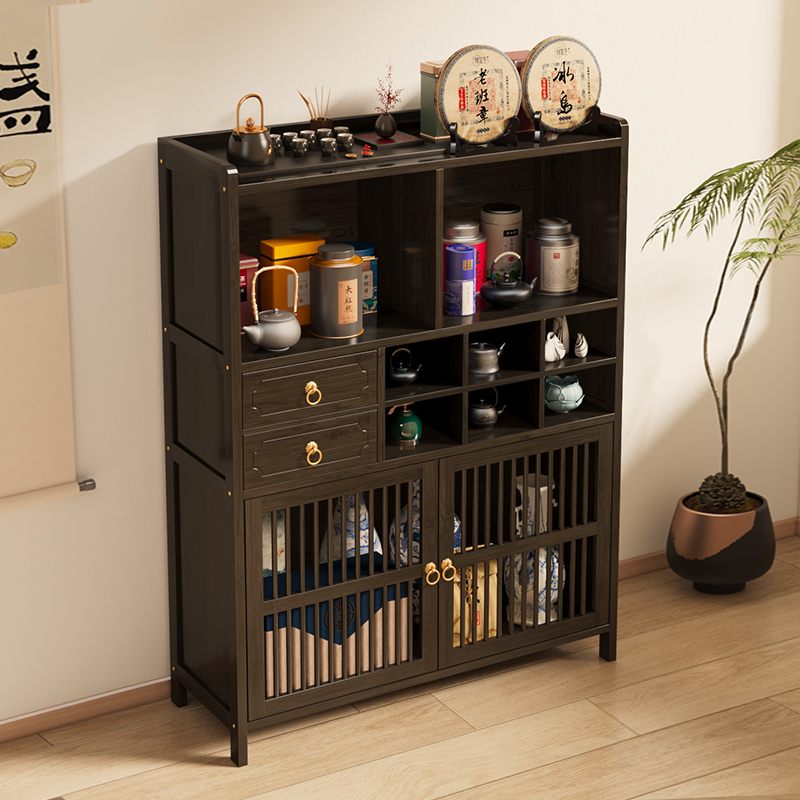 速发博古架小型实木新中式茶具置物架办公室茶台茶收茶纳柜叶水柜