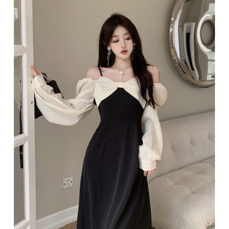 速发胖妹肩在逃公主露妹连衣裙202码秋款大4法式收腰赫本风吊带长