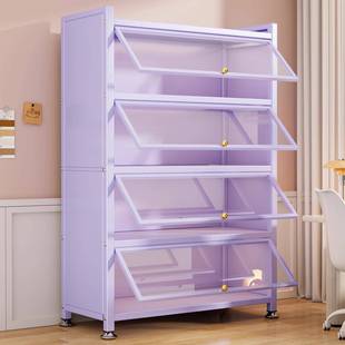 紫色钢制书架带玻璃门落地书柜防尘手办展示柜痛柜铁皮收纳储物柜