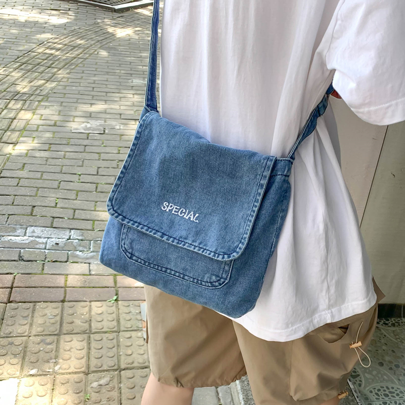 夏天百搭复古牛仔布小包包男拉链纯色港风单肩斜挎包女休闲手机包