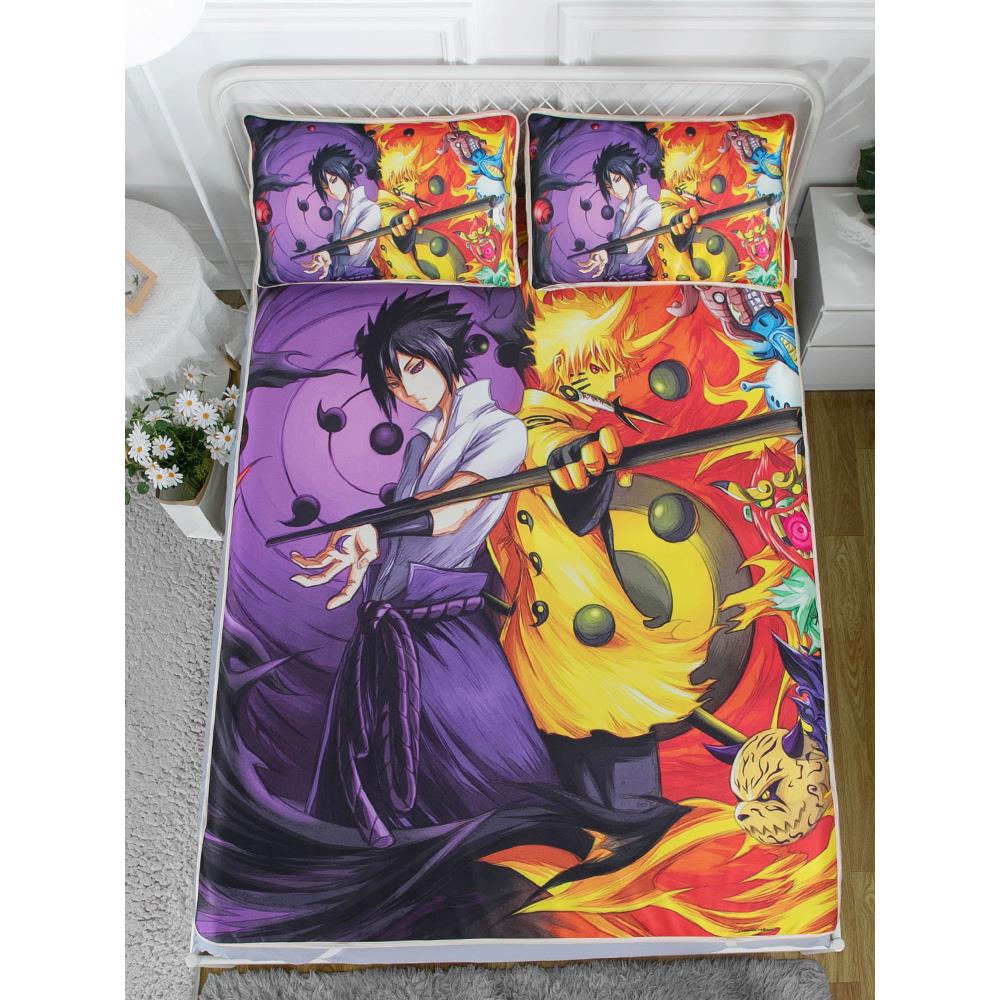 卡通凉席男生火影忍者夏季鸣人冰丝席三件套可折叠水洗双人空调席