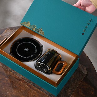 晟窑玻璃马克杯海浪茶水s分离泡茶杯办公室喝茶恒温杯垫杯子礼盒