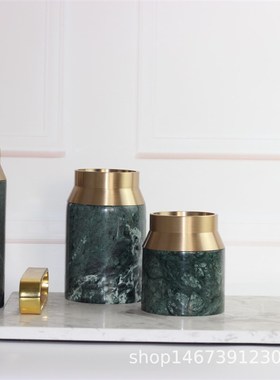 家居软装a饰品白色大理石花器金属边酒店样品房摆件