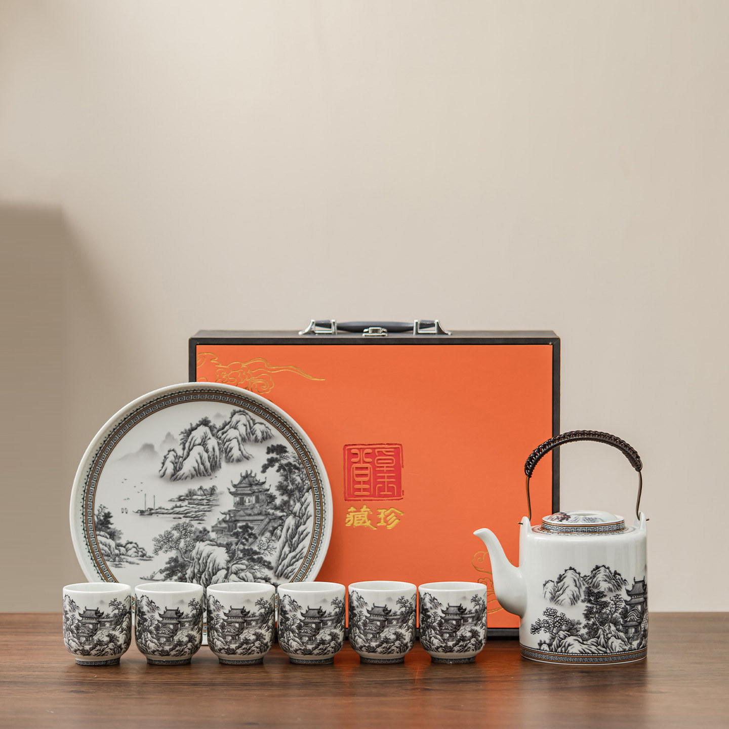 中式陶瓷提梁壶一壶六杯茶具套装家用大容量凉水壶泡茶壶礼盒套装