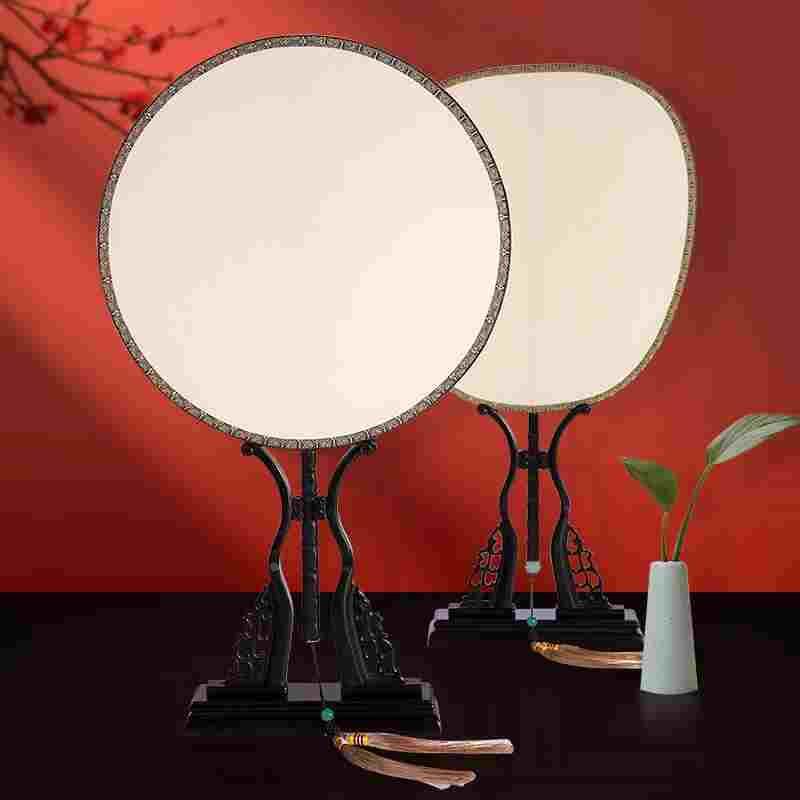 精品加密真丝宫扇双面空白熟绢扇子黑檀木手柄团扇国画工笔礼盒装