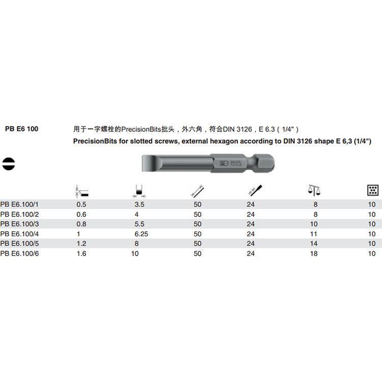 瑞士PB Swiss Tools E6.100/1/2/3/4/5/6 E6一字批头1/4 6.35mm