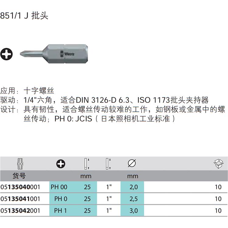 德国Wera维拉851/1 J PH00 PH0 PH1十字螺丝批头JIS标准25mm长