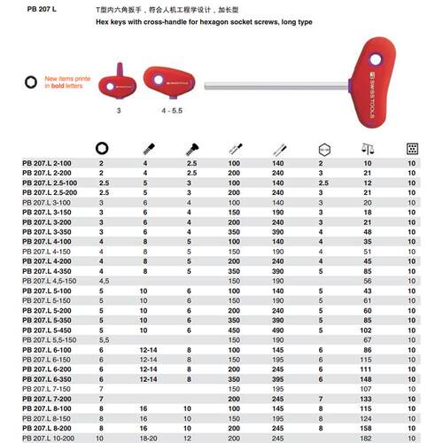 瑞士PB Swiss Tools 207.L 2/3/4/4,5/5/6/7/8加长T型内六角扳手
