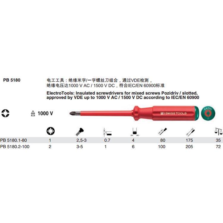 瑞士PB Swiss Tools PB 5180电工绝缘米字/一字起子