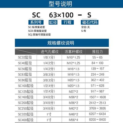 拉杆式标准气动气缸SC125*25X50X75X100X150X200X300X900-S可带磁