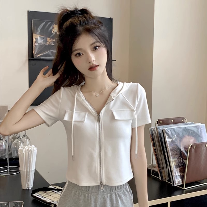 大码胖mm拉链连帽短袖t恤女短款