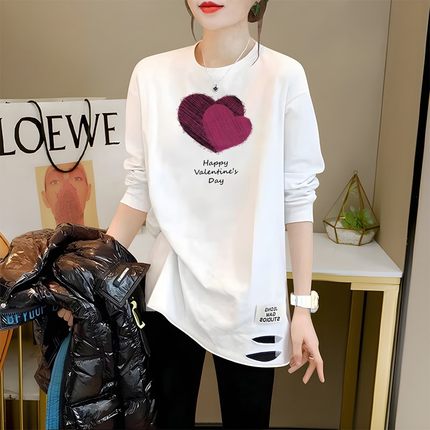 欧货白色加绒加厚打底衫女秋冬中长款宽松遮屁股内搭保暖长袖t恤