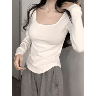 白色方领打底衫 不规则上衣 女春秋内搭t恤大码 胖mm显瘦纯欲风短款