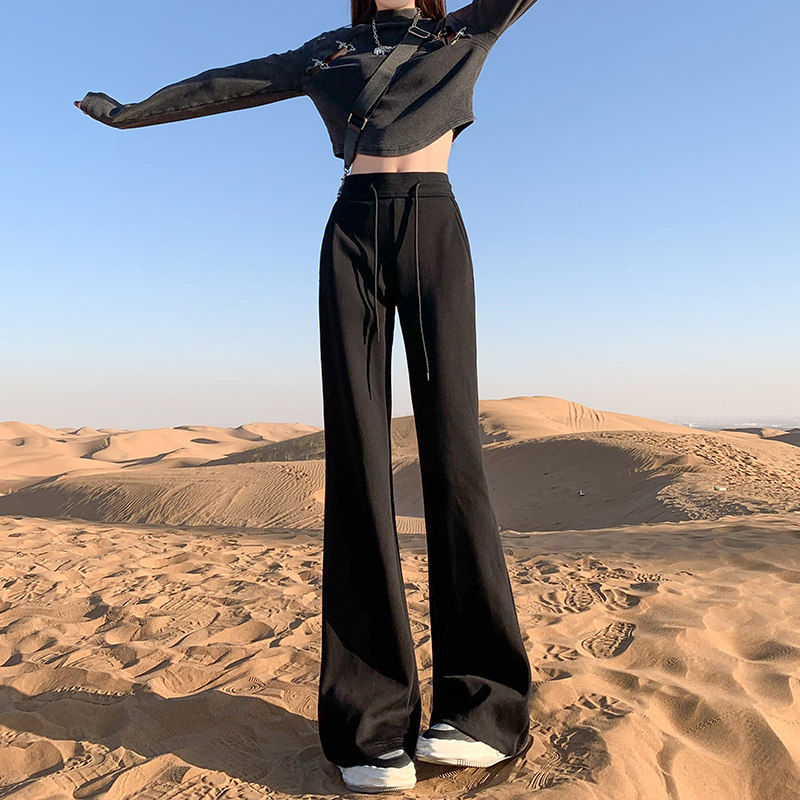 美式黑色微喇叭休闲卫裤女夏季高腰显瘦运动垂感拖地马蹄裤子夏装