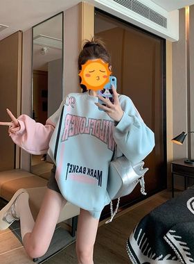 蓝色拼接字母印花圆领卫衣女春秋设计感小众撞色套头加绒加厚上衣