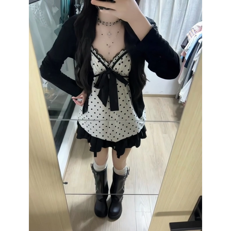 大尺码胖mm甜美设计感蝴蝶结波点吊带背心女2026秋冬上衣时尚两件
