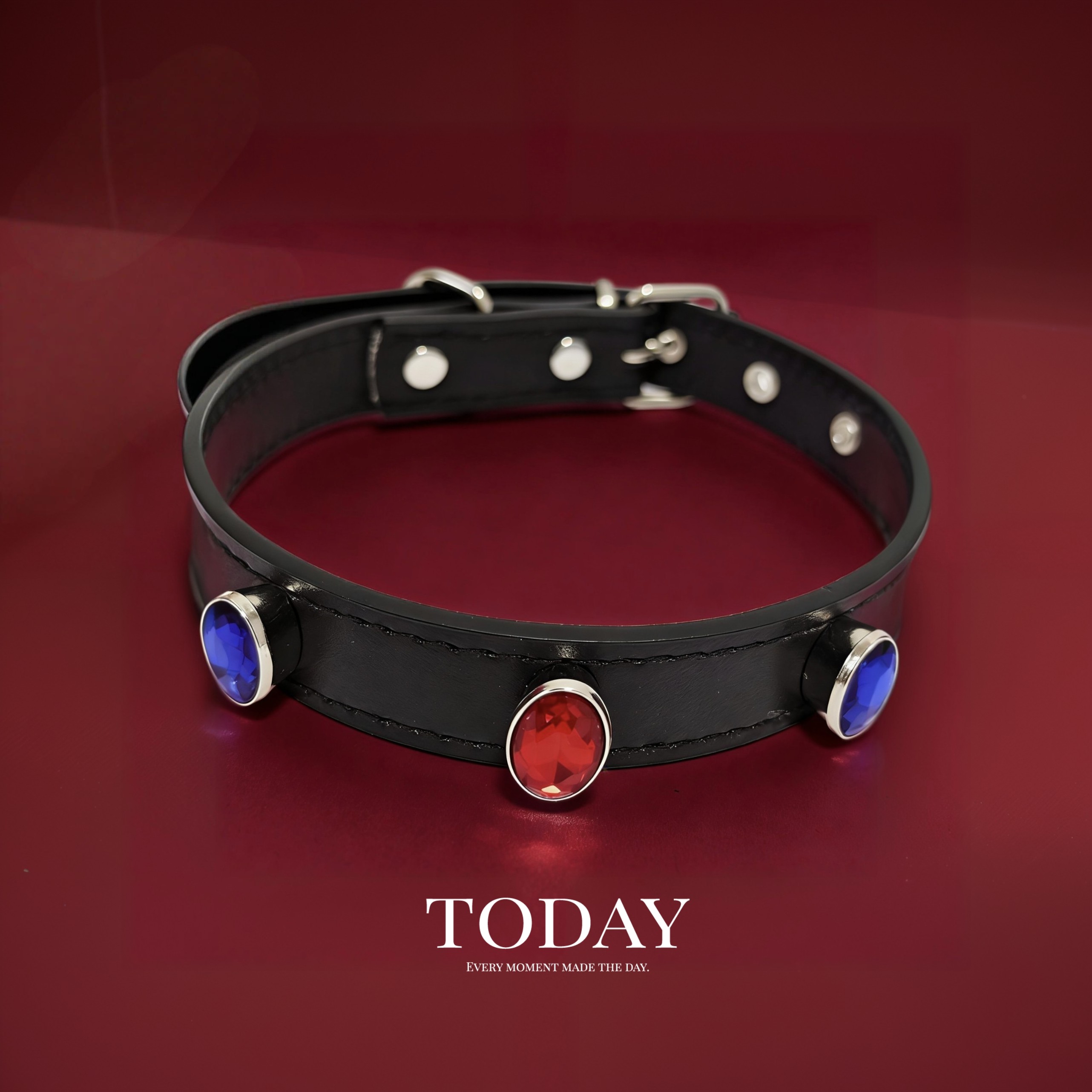 红蓝水钻宠物狗狗猫咪项圈PU皮水钻脖圈可调节牵引绳高级感不勒脖