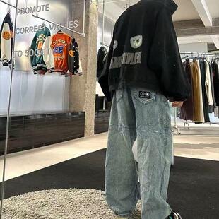 买手店ThugClub朴宰范同款中腰宽松牛仔裤男刺绣水洗垂感阔腿裤