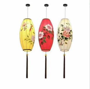 中式 茶楼老工艺吊灯腰鼓型吊灯 古典吊灯走廊灯手绘荷花布艺灯具