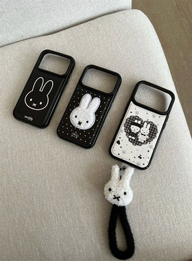 刺绣米菲兔黑绳适用iPhone17PROMAX皮纹手机壳新款苹果16pro女15plus软壳13/12/11保护套XSXR可爱6/7/8Plus