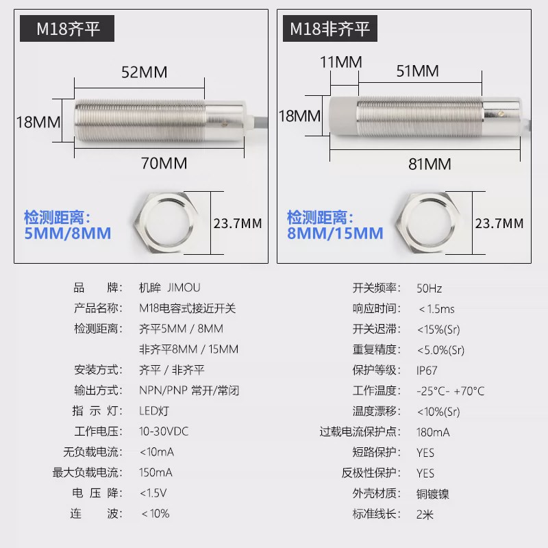 M18电容c式接近开关CG1T-B1805N-O3A2料位料线传感器三线24V常开N