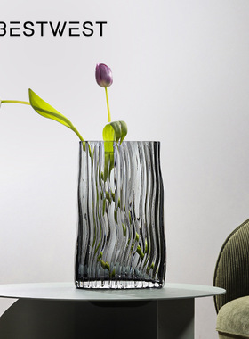 Best west 北欧冷灰色透明竖纹水培玻璃花瓶家居客厅装饰花器