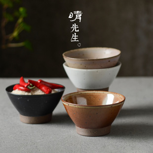 简约手工粗陶白米饭碗餐具家用复古汤面高脚碗简约加厚土碗可微波