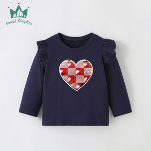 上衣儿童打底衫 欧美女童纯棉长袖 T恤女宝宝秋冬卡通爱心印花童装