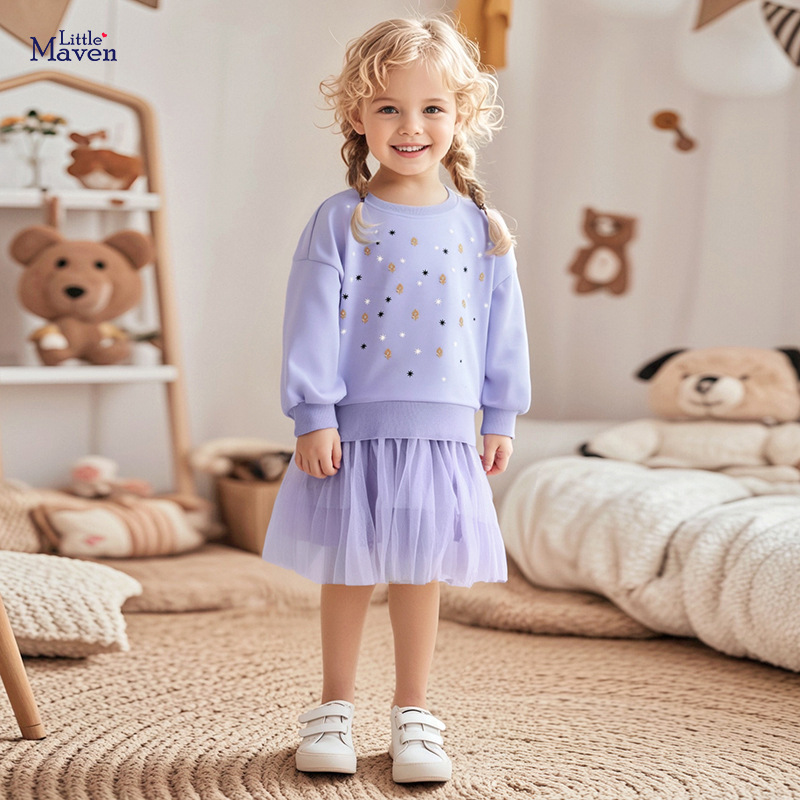 Little maven欧美跨境外贸童裙 秋季加绒女童连衣裙 可爱网纱童裙