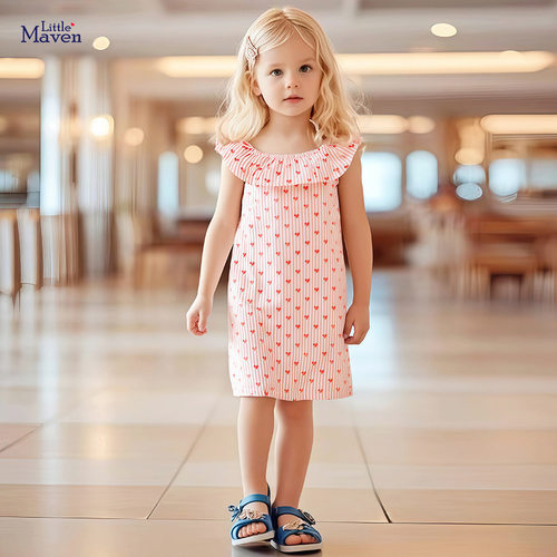 Little maven欧美女童连衣裙纯棉可爱条纹童裙夏季短袖儿童公主裙