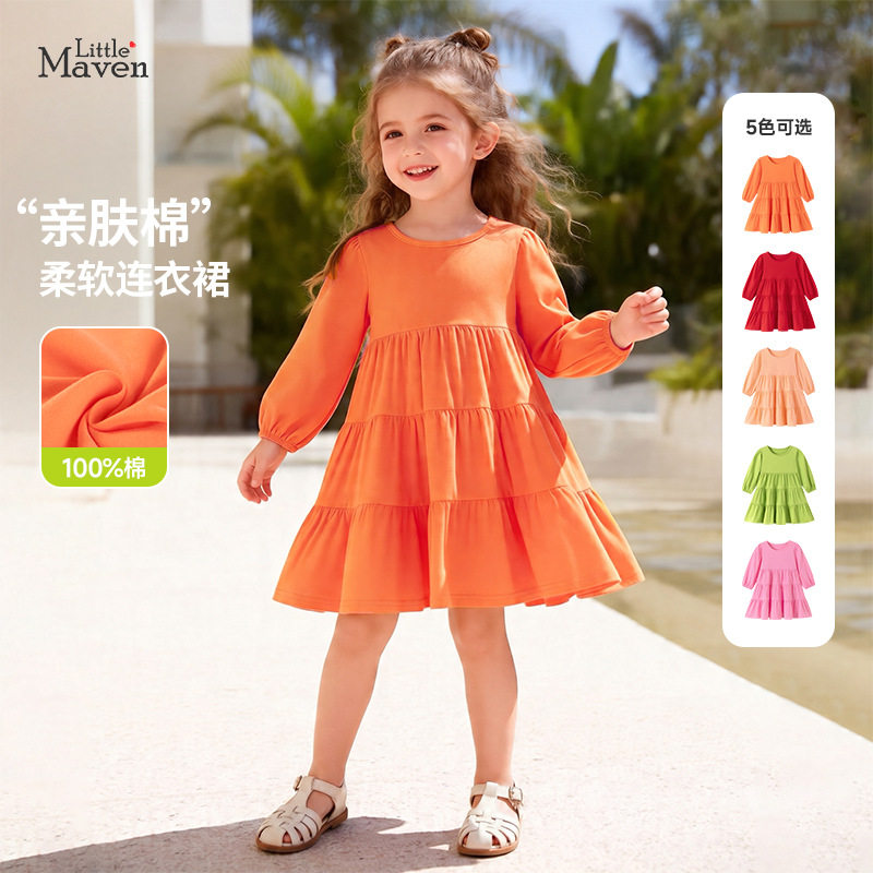 跨境Little maven欧美风童裙 秋季长袖纯色连衣裙 甜美风儿童裙子图片