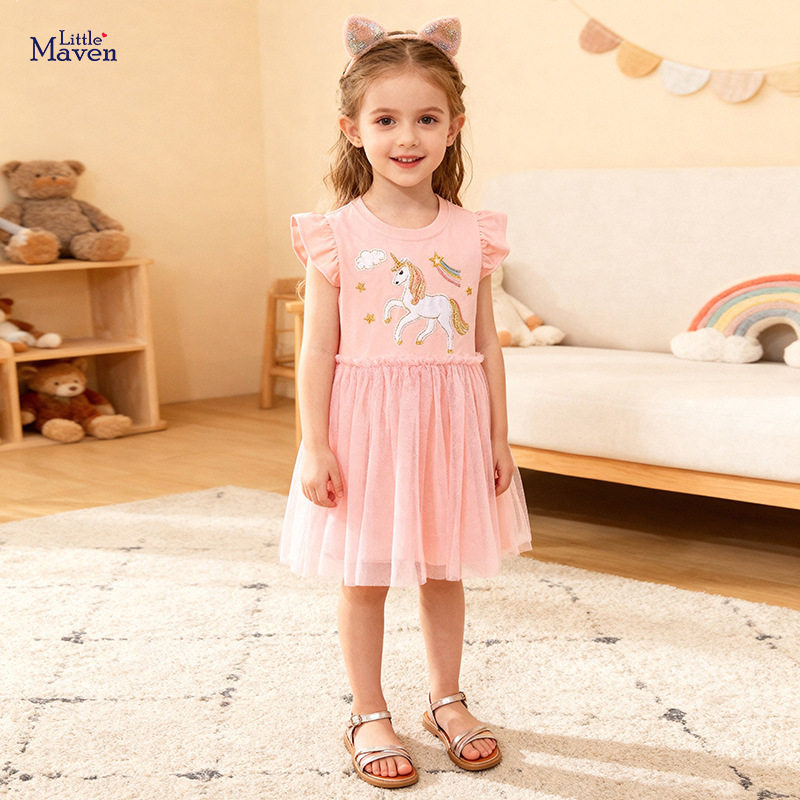Little maven女童短袖网纱裙子 夏季可爱宝宝公主裙 卡通儿童裙子图片
