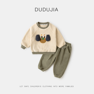 宝宝立体卡通加厚卫衣套装冬季新款男童加绒衣服儿童奥粒绒两件套