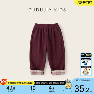 嘟嘟家女童裤子冬季酒红色灯芯绒裤加绒女宝新年宝宝儿童加厚童装