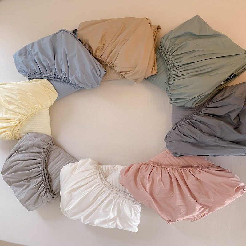 韩式博主风纯色直条绗缝夹棉加高床罩全棉全包围床垫保护套床笠++