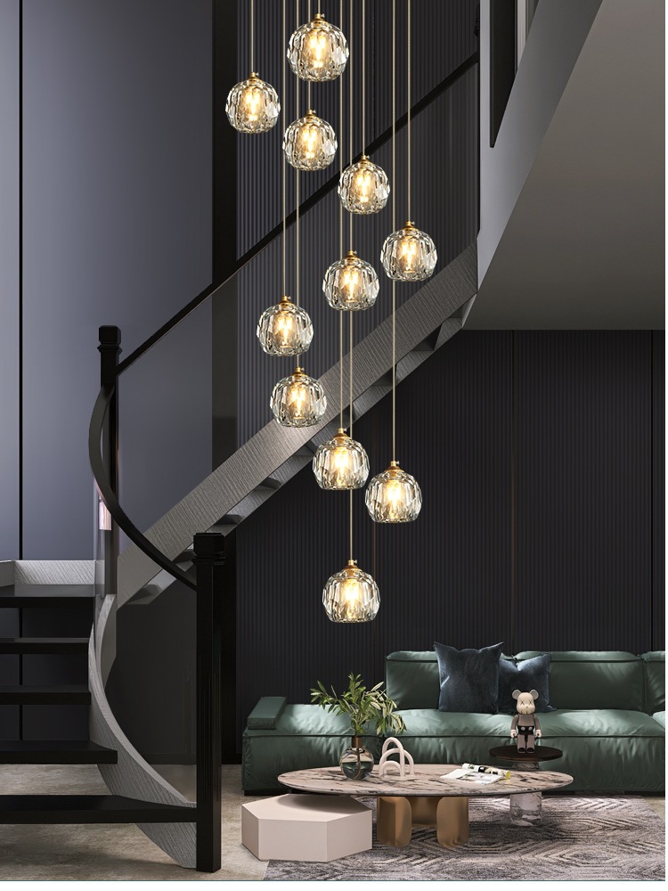 全铜水晶旋转楼梯长吊灯后现代轻奢loft公寓跃层挑空复式别墅客厅