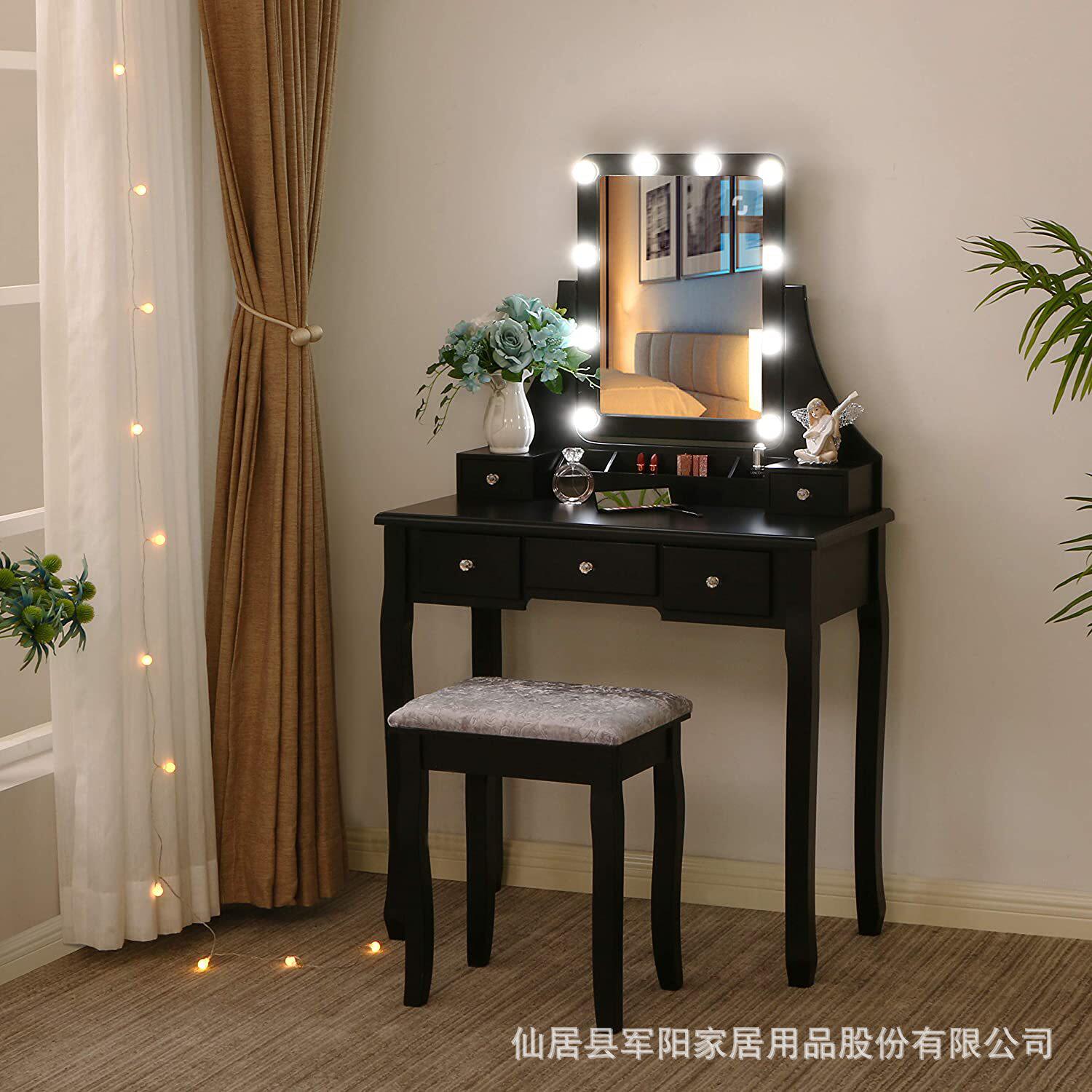 欧式实木梳妆台黑色卧室化妆 多功能智能镜LED镂空灯泡化妆桌凳子