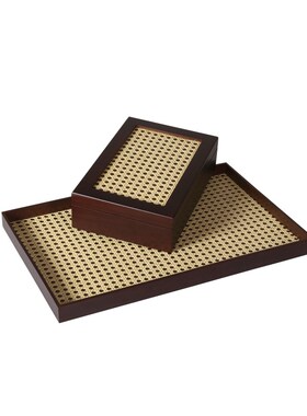 复古新中式样板间客厅茶几长方A形木质烤漆托盘竹编首饰收纳盘摆