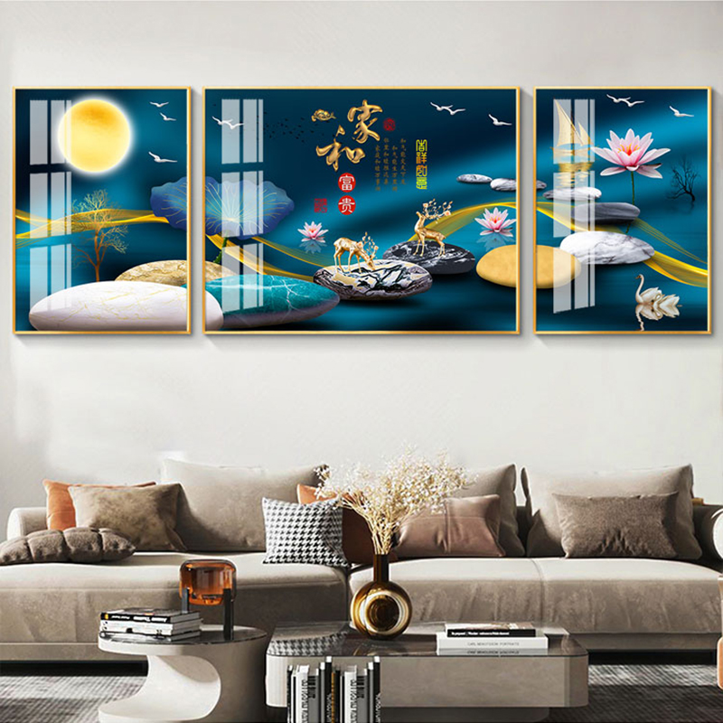 2022新中式客厅装饰画沙发背景墙画晶瓷壁画挂画三联画.家和万事图片