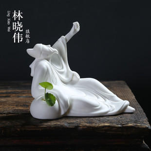 德化白瓷摆件李白邀月茶宠陶瓷茶桌摆件精品茶道零X配茶台摆饰品