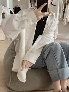 韩国大口袋衬衫外套女春秋季宽松显瘦减龄小众设计感棉质连帽上衣