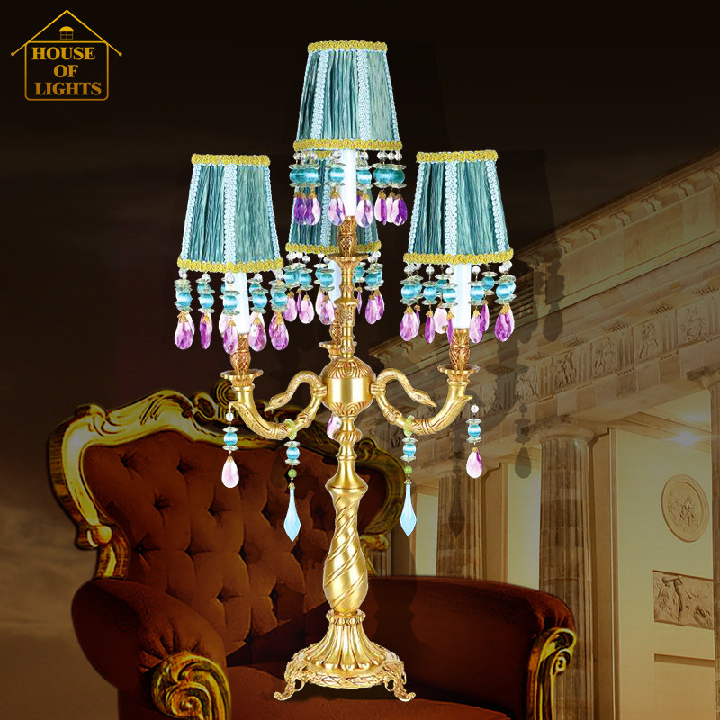 欧式全铜孔雀台灯复古风客厅装饰灯LED布艺灯罩轻奢