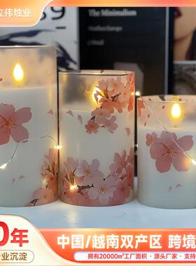 现货紫色/粉色花朵LED亚克力无焰柱状电子蜡烛带遥控器电池跨境热